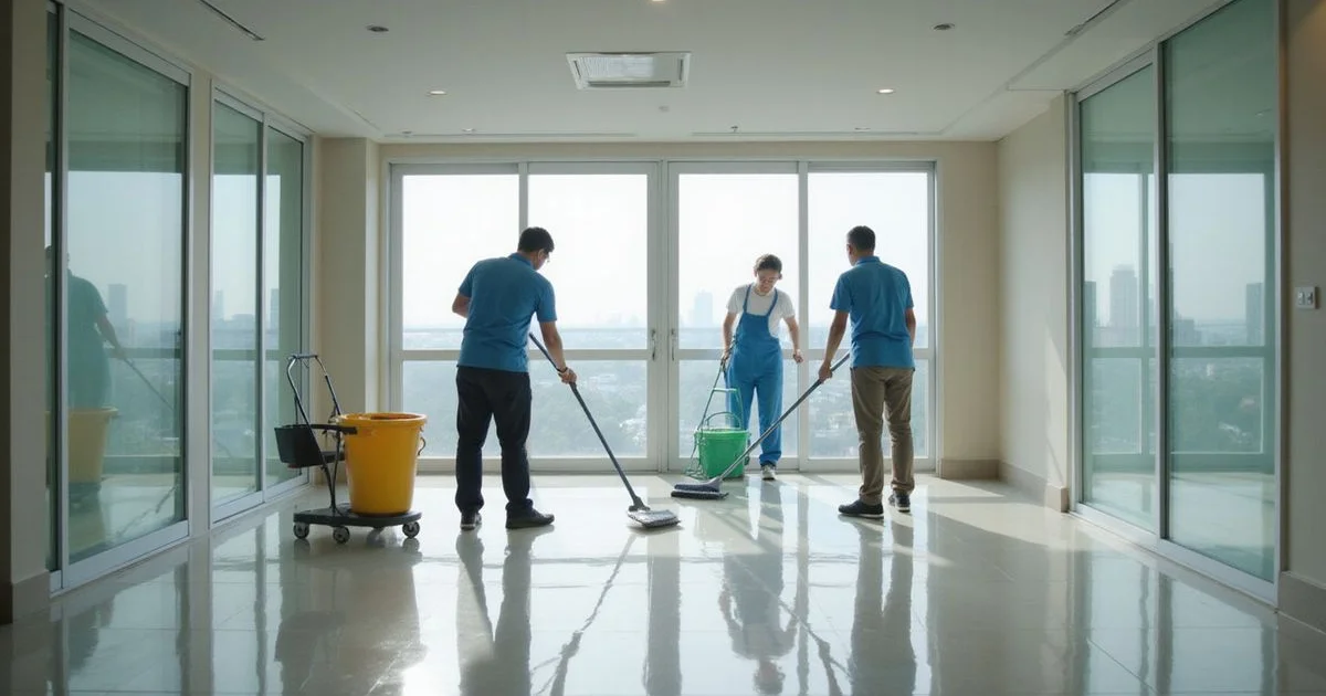 Cleaning team working through an empty unit