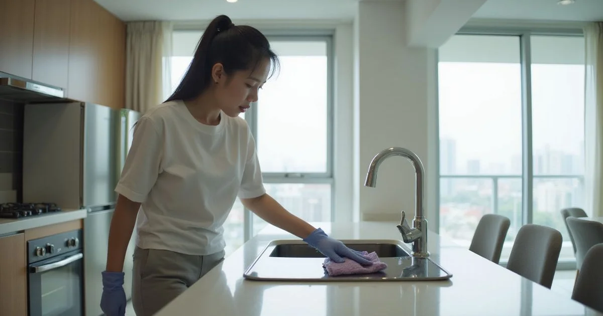 Professional cleaner servicing a kitchen in a Mont Kiara condo