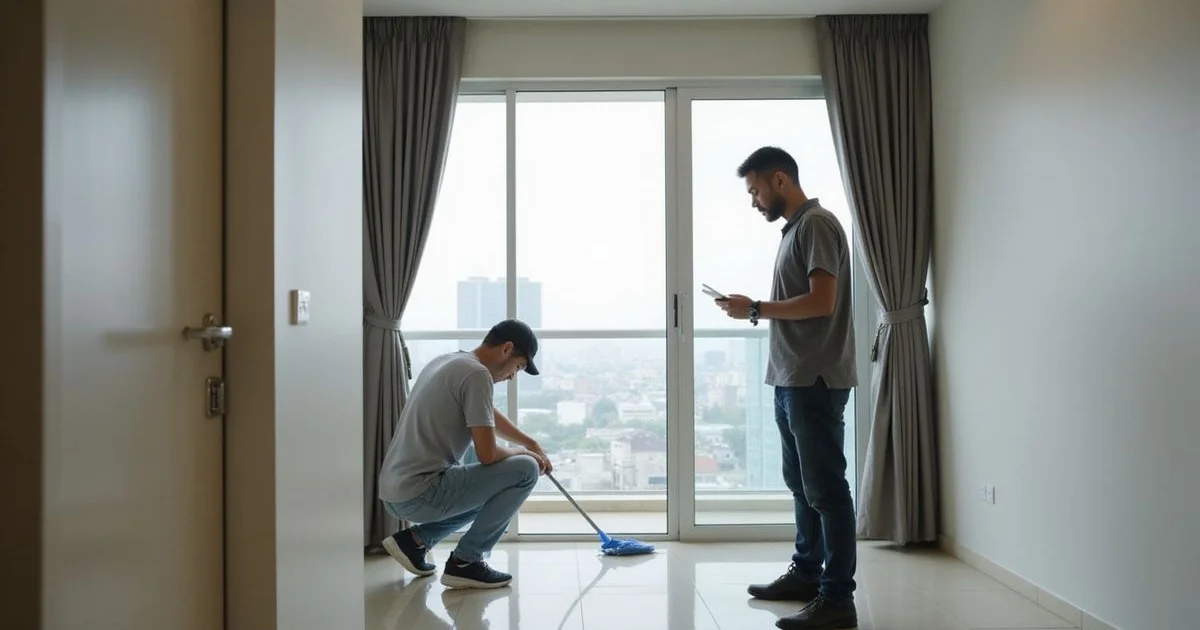 Tenant inspecting spotless apartment before handover